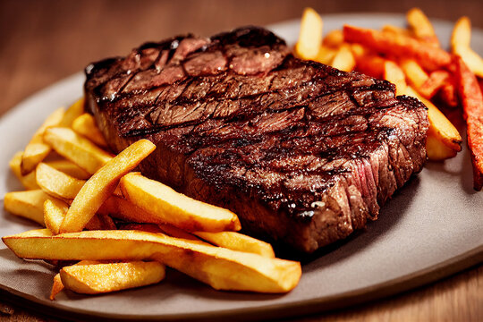 Grilled sirloin steak with potato fries and vegetables, tomato salad