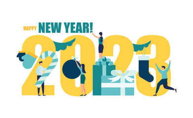 2023 new year welcome. people are preparing for the New Year, are engaged in decoration, the inscription New Year 2023. Vector illustration little people