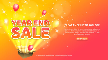 Year end sale banner with an open box of a surprise sale - obrazy, fototapety, plakaty