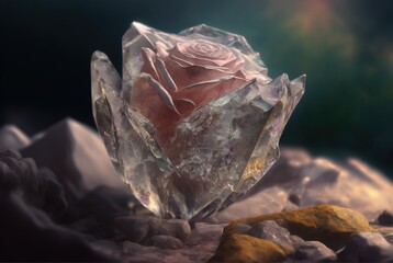 Pink rose made from translucent quartz crystal rock, macro closeup.  - obrazy, fototapety, plakaty
