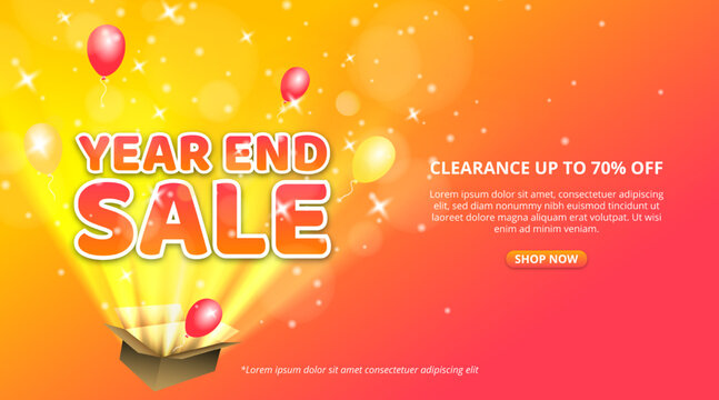 Year end sale banner with an open box of a surprise sale