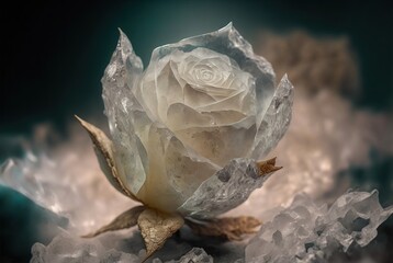 Pink rose made from translucent quartz crystal rock, macro closeup. Generative Ai