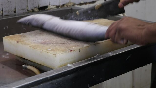 Closeup of peeling fresh fish from scales with a sharp knife