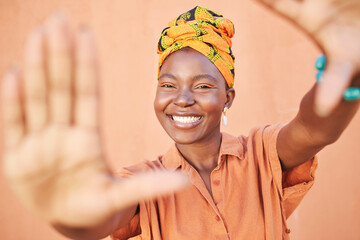 Black woman, hands and frame with smile in portrait with freedom, lifestyle and happiness against...