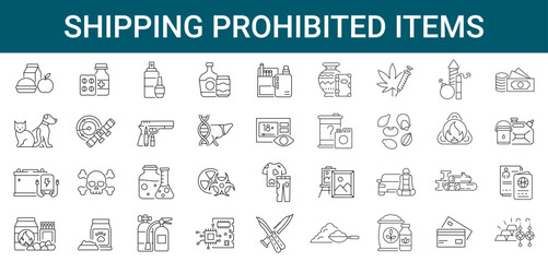 Set of 36 prohibited items in international packages and parcels. Outline icons collection. Editable stroke.