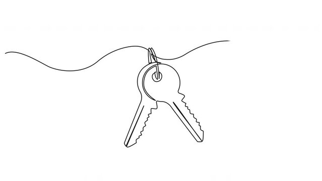 animated continuous single line drawing of set of keys on key ring, line art animation