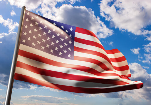 USA flag. Starry striped flag of the United States of America. Flagpole against the sky. US state symbols. Banner flutters in the wind. 3d image