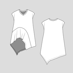 Asymmetrical Ruffle Hem long t shirt top Sleeveless v neck  fashion sketch drawing template design