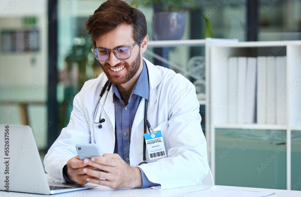 Poster phone, laptop and science with a man at work in a laboratory for research, innovation or development