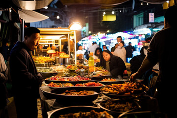 photography of a group of people in a market standing around a table filled with food - AI Generated