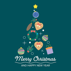 image of christmas tree is composed of star, glass balls, holly berries, wreath, gift, snowflakes and cookie