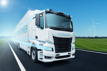 Hydrogen fuel cell semi truck on a road with wind turbines on a horizon. Eco-friendly commercial...