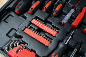 screwdriver tool head size set different. toolbox maintenance install fastener wooden work and furniture in home