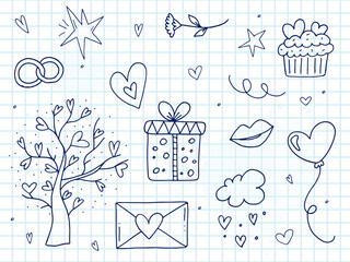 Big set of cute hand-drawn doodle elements about love. Message stickers for apps. Icons for Valentines Day, romantic events and wedding. A checkered notebook.