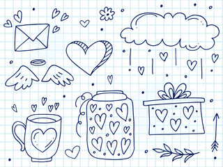 Big set of cute hand-drawn doodle elements about love. Message stickers for apps. Icons for Valentines Day, romantic events and wedding. A checkered notebook.