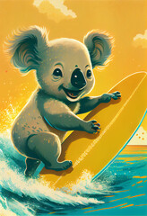 Adorable Baby Koala Surfing Waves. generative ai