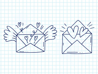 Set of cute hand-drawn doodle elements about love. Message stickers for apps. Icons for Valentines Day, romantic events and wedding. A checkered notebook. Envelopes with love letters and wings.