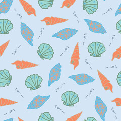 Blue background and multi coloured sea shells seamless pattern background. Perfect for fabric, scrapbooking, quilting, wallpaper and many more projects.