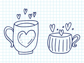 Set of cute hand-drawn doodle elements about love. Message stickers for apps. Icons for Valentines Day, romantic events and wedding. A checkered notebook. Cups with a love drink and hearts.