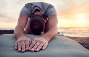 Man hands, meditation and yoga at the beach, peace and zen with spiritual healing and energy balance with exercise outdoor. Fitness, mindfulness and calm with wellness at sunrise, nature and prayer.