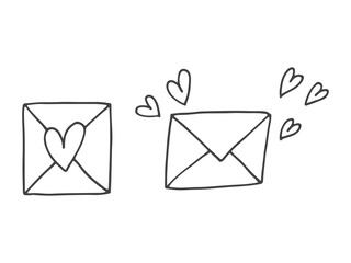 Set of cute hand-drawn doodle elements about love. Message stickers for apps. Icons for Valentines Day, romantic events and wedding. Envelopes with love letters and hearts with wings.