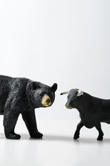 Close up shot of a Bear and bull on a white background.