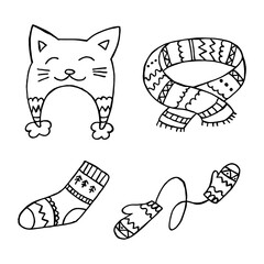 A set of hand-drawn winter clothing. Vector illustration in doodle style. Winter mood. Hello 2023. Merry Christmas and Happy New Year. Black elements on a white background.