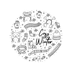 A set of hand-drawn winter clothing. Vector illustration in doodle style. Winter mood. Hello 2023. Merry Christmas and Happy New Year. Black elements in the shape of a circle on a white background.