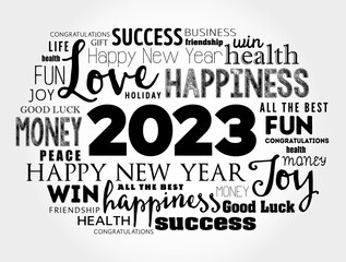 2023 year greeting word cloud collage, Happy New Year celebration greeting card