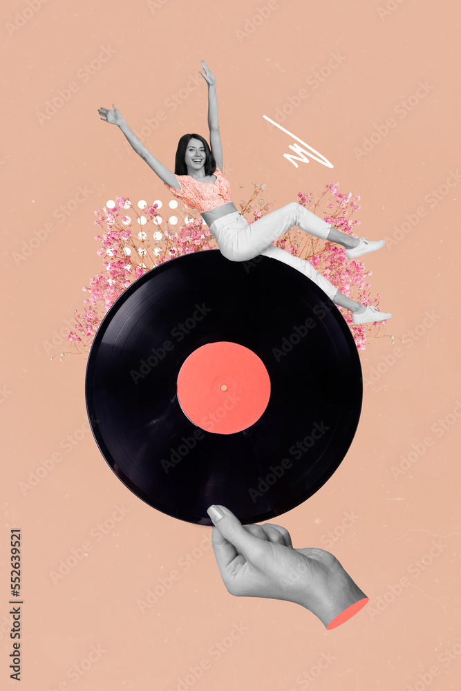 Sticker Creative photo 3d collage artwork postcard poster picture of funky crazy lady sit disc enjoy cool party isolated on painting background