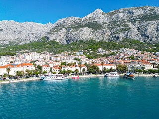 Fototapeta na wymiar Makarska town Croatia Dalmatian coast drone aerial view ..