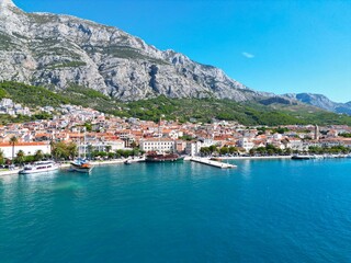 Fototapeta na wymiar Makarska town Croatia Dalmatian coast drone aerial view ..