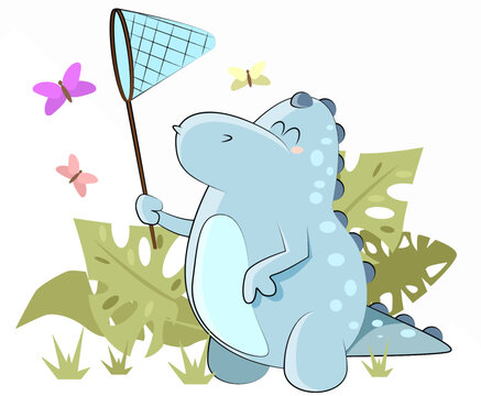 A small blue dinosaur catches colorful butterflies with a net