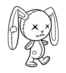 Crazy voodoo rabbit. Cute evil rabbit, halloween decoration. Sewn voodoo bunny walking through. Vector illustration. Stitched thread funny monochrome zombie monster. Design for coloring books, sticker