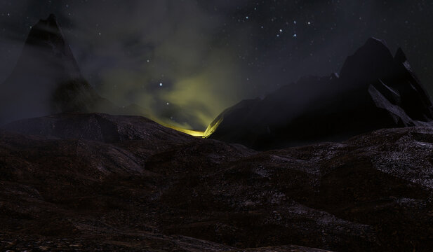 Moonlit and foggy night with distant glow over mountains. 3d render..