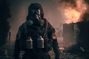 Man dressed in chemical protection suit in the ruins
