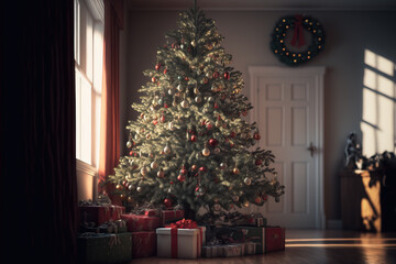 Fototapeta na wymiar christmas tree in living room, illustration generated by AI