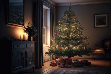 christmas tree with lights in living room, illustration generated by AI