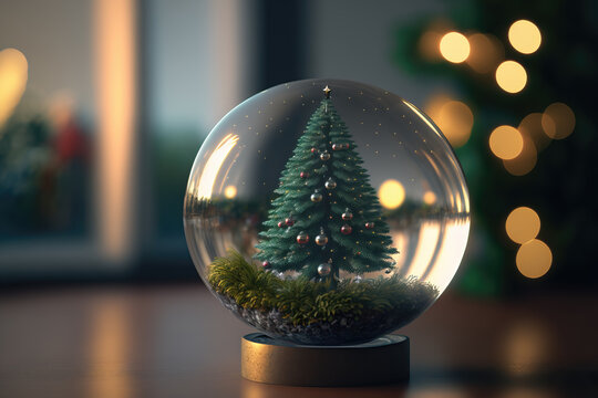 glass sphere with christmas tree in it, illustration generated by AI