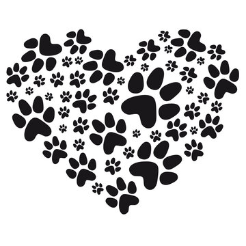 Paw print, black heart, loving pets concept, illustration over a transparent background, PNG image