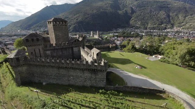 Bellinzona Switzlerland Montebello and Sasso Corbaro castles aerial over wall