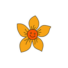 Retro Groovy Flower Character, Daisy face flat icon in doodle style. Orange Hippy Flower inspirited by 1970s years. Vintage vector illustration isolated on white background. Floral print for poster.
