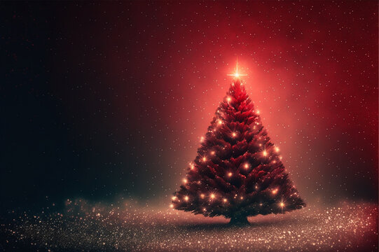 Festive magical, glowing background in red shades and a Christmas tree