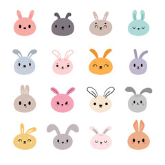 Set of cute kawaii rabbits. Cartoon character. Funny doodle animals. Little bunny. Easter, New Year theme