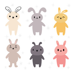 Set of cute kawaii rabbits. Little bunny. Cartoon character. Funny doodle animals. Easter, New Year theme