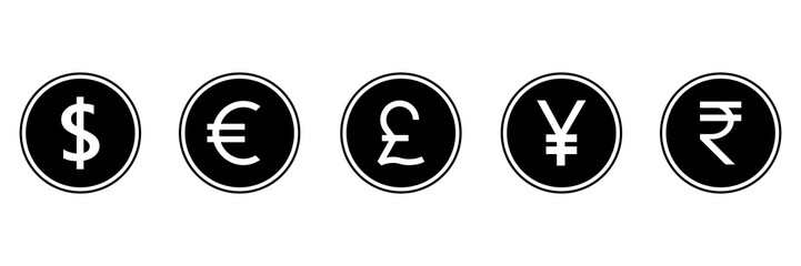 World coins icon set. International money symbol collection. Business payment concept. Vector isolated on white.