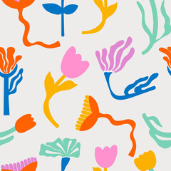 Seamless pattern with doodle flowers. Vector hand drawn background for your design or card, covers, package, wrapping paper. Colorful flat pattern