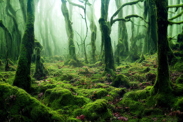 A moss-covered forest, sunlight, and mist falling among the trees. Natural, quiet, green, and Zen scenery, generate ai.