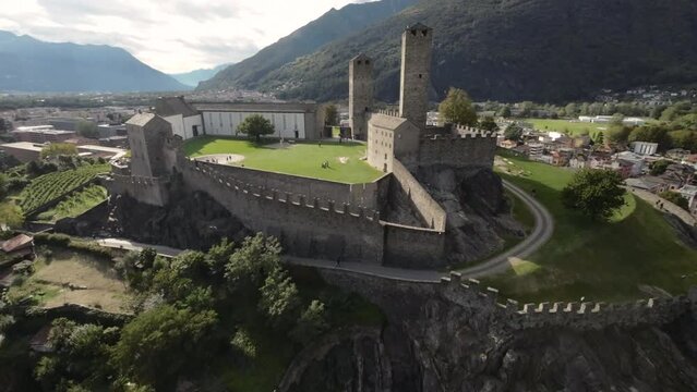 Bellinzona Switzlerland Montebello and Sasso Corbaro castles aerial over courtyard