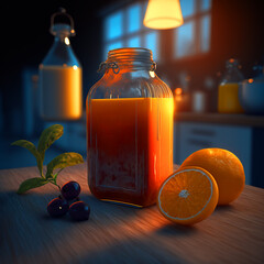 Drink your way through the day: the health benefits of orange juice. This appetizing picture of a jar of orange juice in the kitchen
